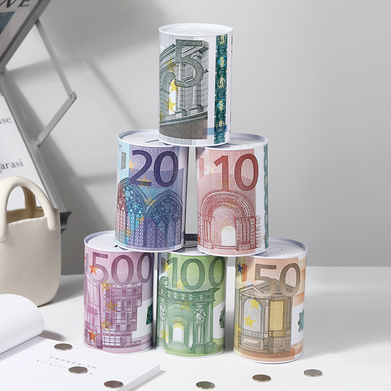 Creative Tinplate Cylinder coin Bank Euro Dollar Picture Box Household Saving Money Box Home Decoration Money Boxes