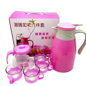 Pink Transparent Glass Tea Pot 6pcs Set Teapot Infuser Tea Coffee pot with 4 flower Cups