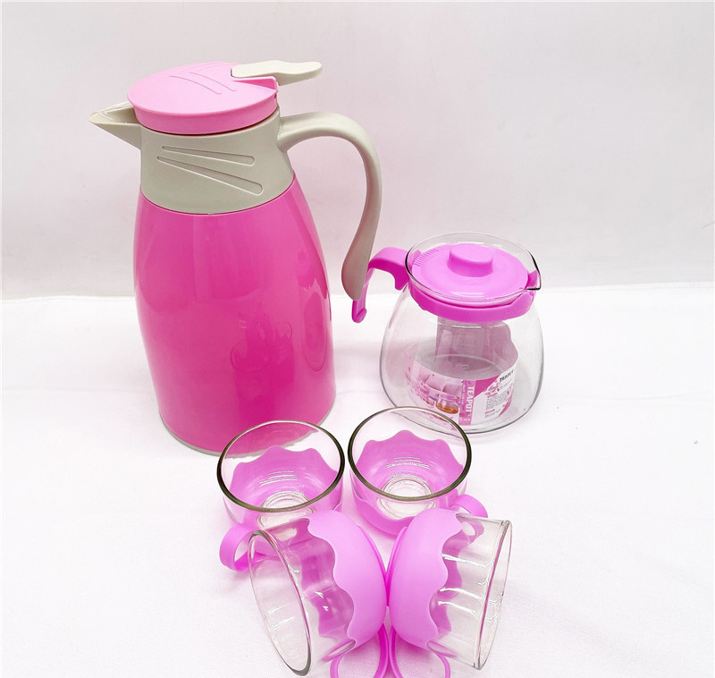 Pink Transparent Glass Tea Pot 6pcs Set Teapot Infuser Tea Coffee pot with 4 flower Cups