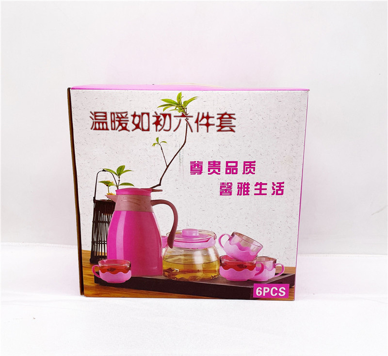 Pink Transparent Glass Tea Pot 6pcs Set Teapot Infuser Tea Coffee pot with 4 flower Cups