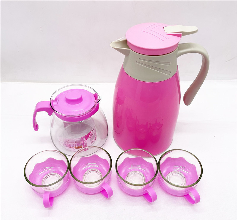 Pink Transparent Glass Tea Pot 6pcs Set Teapot Infuser Tea Coffee pot with 4 flower Cups