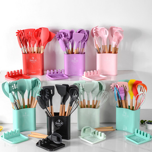 Safety durable wooden handle silicone kitchenware cooking tools 13pcs silicone kitchen utensil set gadget