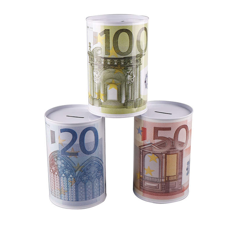 Creative Tinplate Cylinder coin Bank Euro Dollar Picture Box Household Saving Money Box Home Decoration Money Boxes