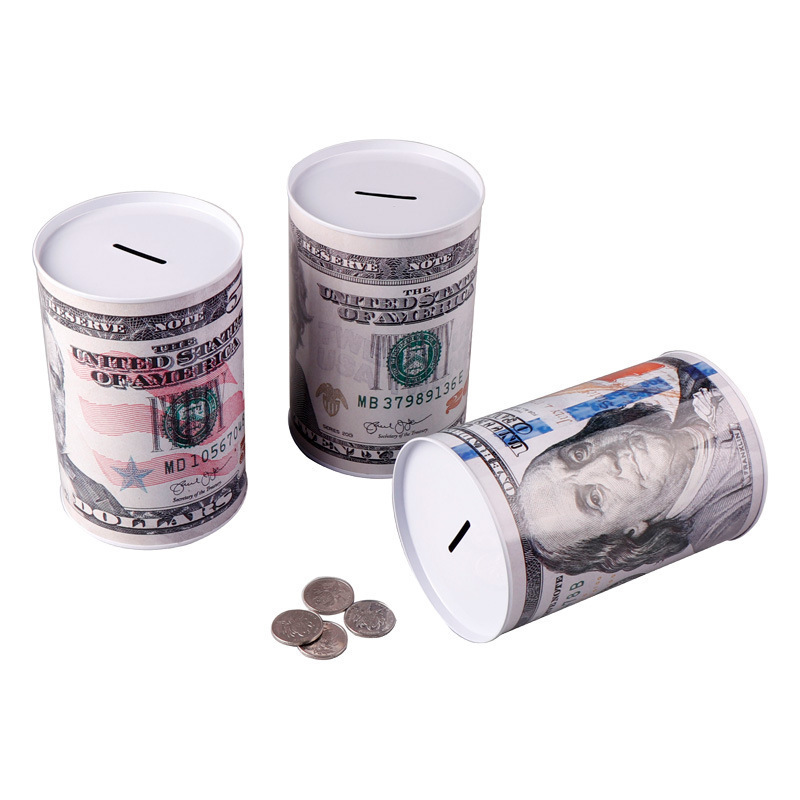 Creative Tinplate Cylinder coin Bank Euro Dollar Picture Box Household Saving Money Box Home Decoration Money Boxes