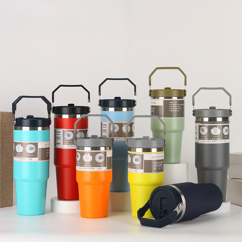 Double Wall Insulated 18/8 Stainless Steel 20oz 30 oz tumbler vacuum flask thermoses water bottle with handle and straw lid