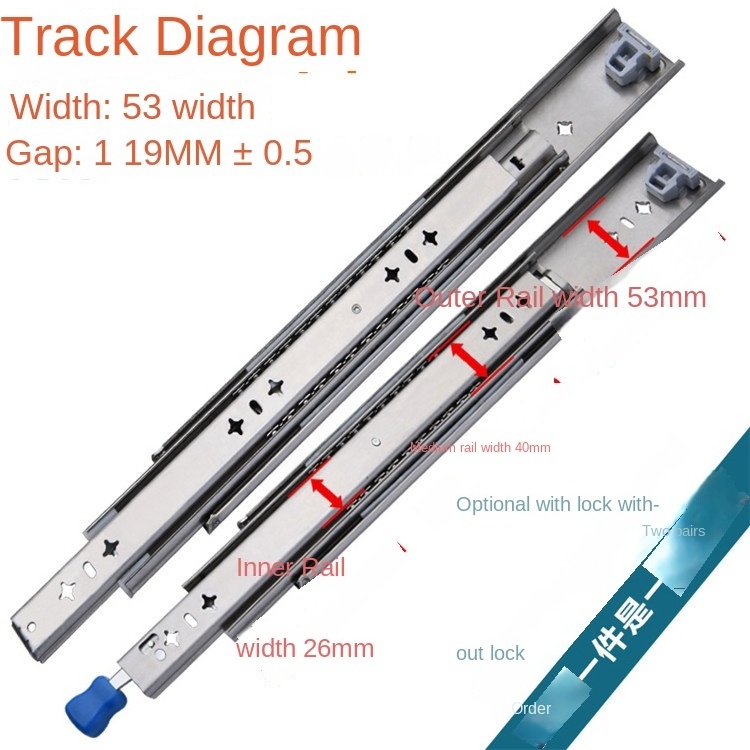 Stainless steel 53 wide heavy-duty rail lengthened thickened damping trailer drawer rail with lock industrial slide