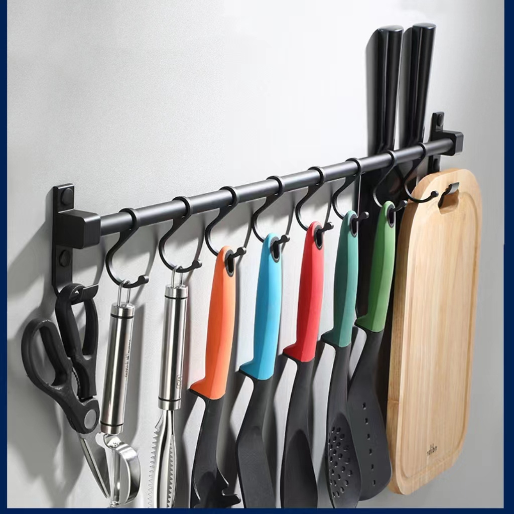 Space aluminum kitchen utensils storage hook wall mounted movable hook storage rack