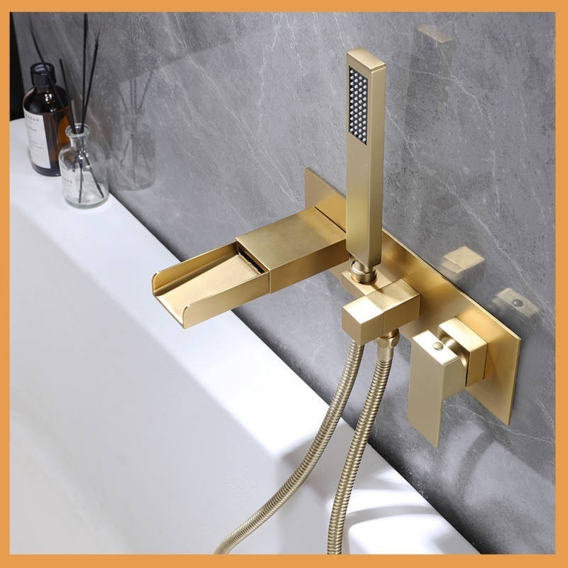 All copper bathtub faucet, waterfall outlet, concealed wall mounted side cold and hot shower faucet with handheld shower set