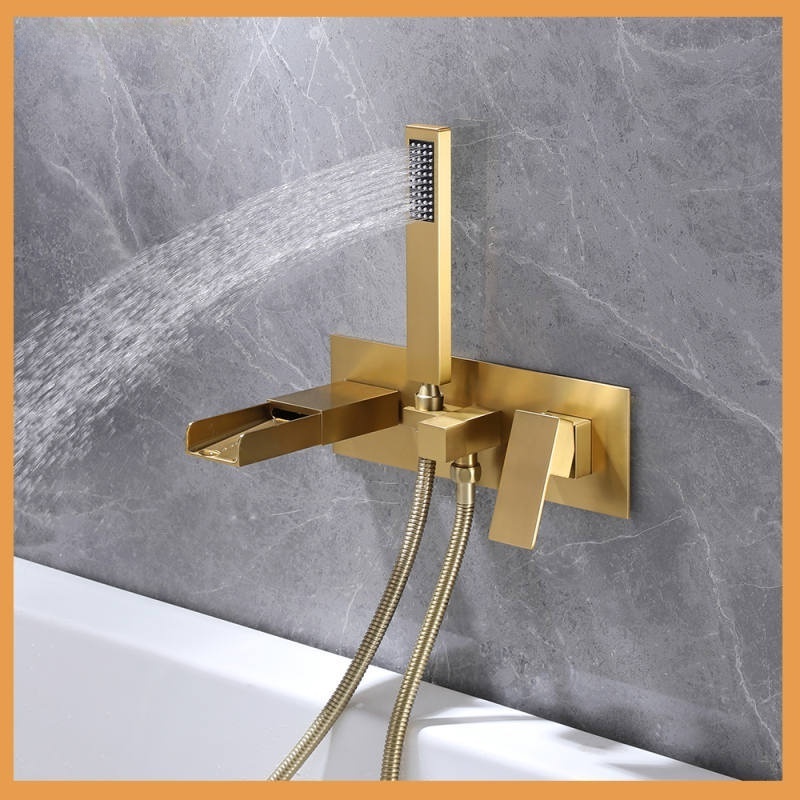 All copper bathtub faucet, waterfall outlet, concealed wall mounted side cold and hot shower faucet with handheld shower set