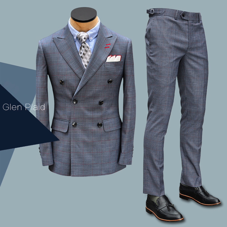 Grey-blue English Prince of Wales plaid wool slim-fit double breasted gentlemen's business Men's suit