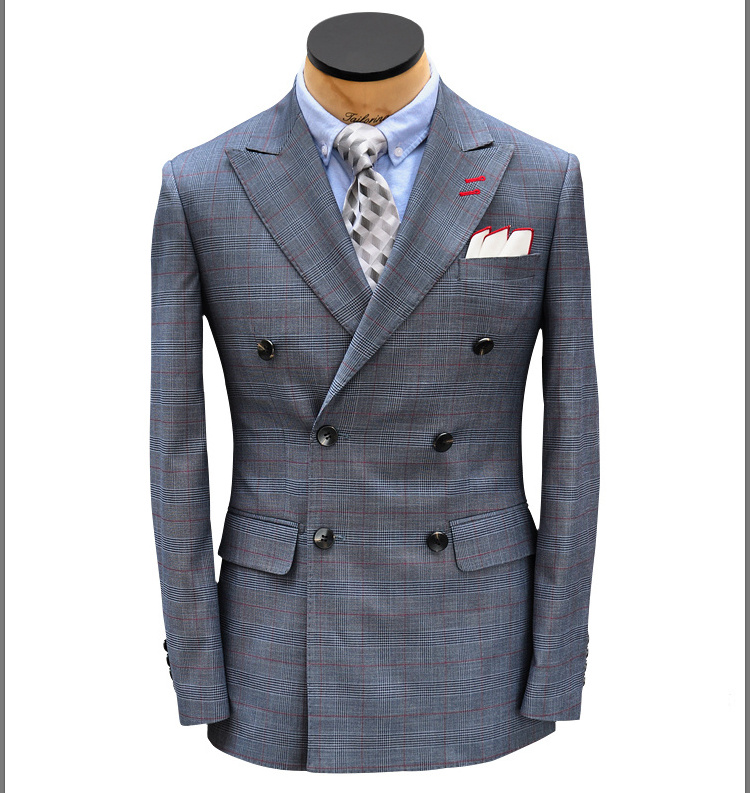 Grey-blue English Prince of Wales plaid wool slim-fit double breasted gentlemen's business Men's suit