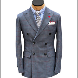 Grey-blue English Prince of Wales plaid wool slim-fit double breasted gentlemen's business Men's suit