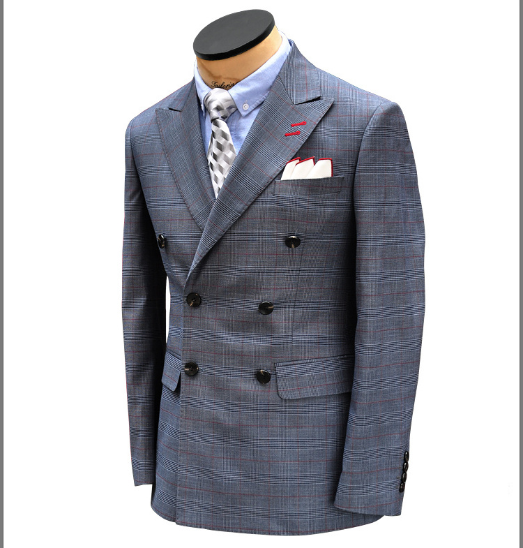 Grey-blue English Prince of Wales plaid wool slim-fit double breasted gentlemen's business Men's suit