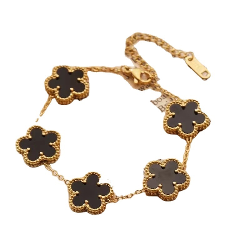 C&J High Quality Lucky Black White Clover Bracelet Gold Non Tarnish Waterproof 316L Stainless Steel Four Leaf Clover Bracelet