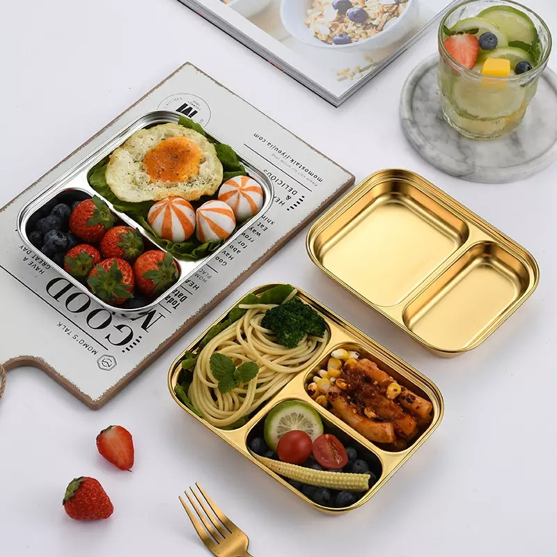 Compartment Food Container Stainless Steel Plate  Meal Tray Dinner Plate For Dinner And Lunch  Divided Plate