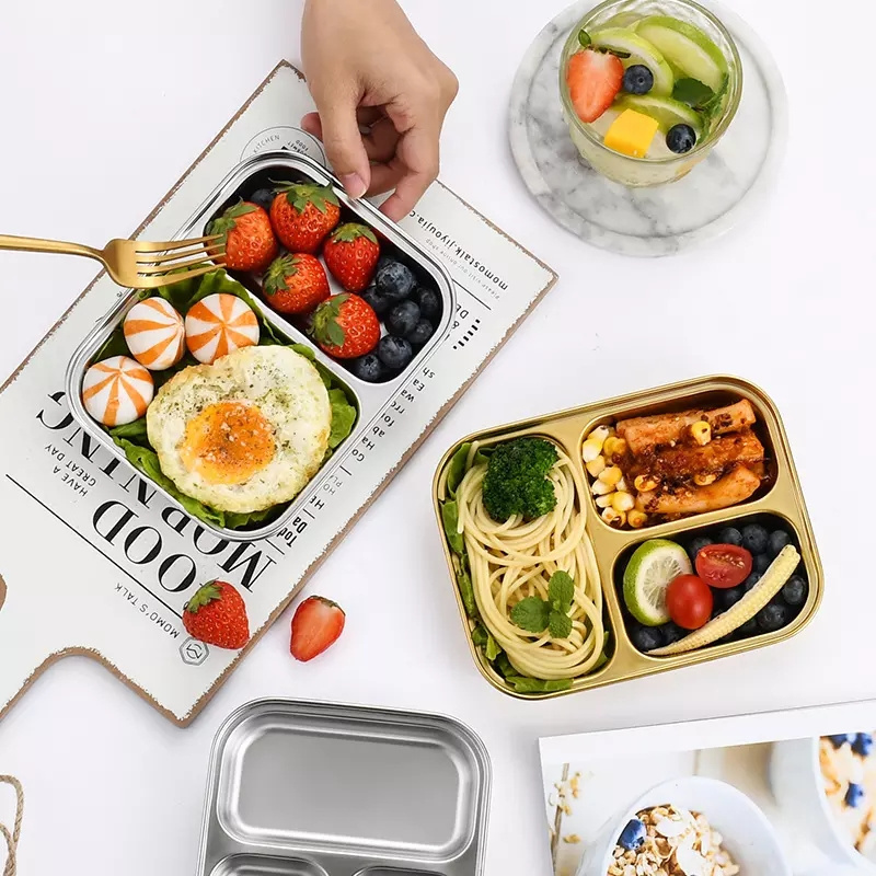 Compartment Food Container Stainless Steel Plate  Meal Tray Dinner Plate For Dinner And Lunch  Divided Plate