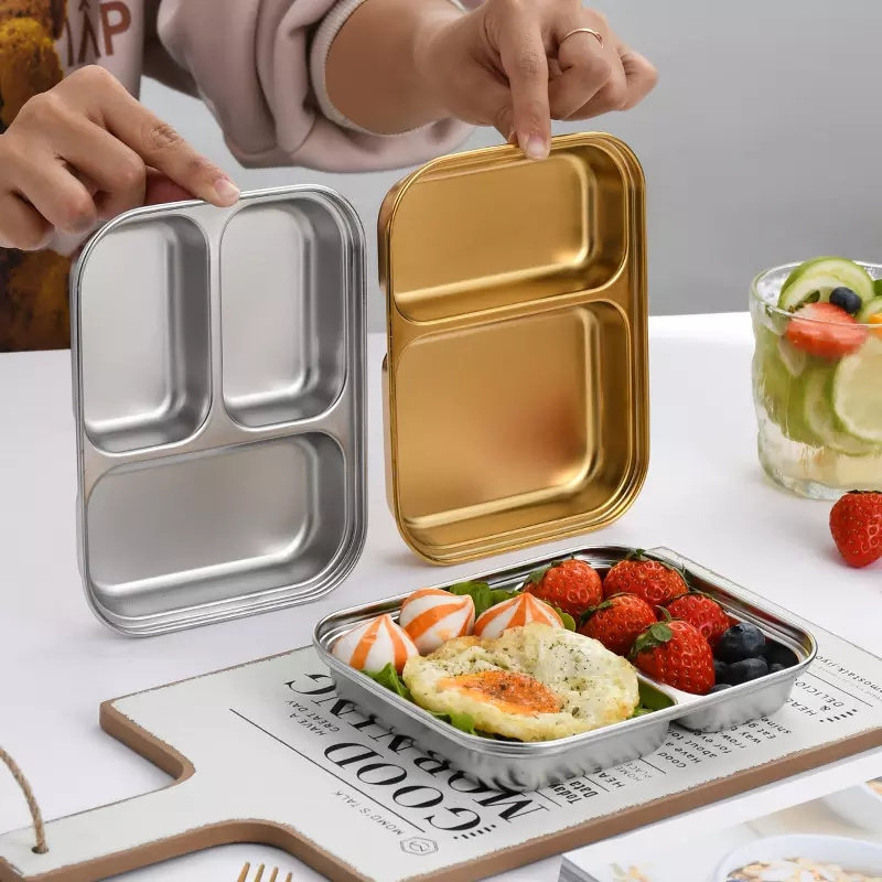 Compartment Food Container Stainless Steel Plate  Meal Tray Dinner Plate For Dinner And Lunch  Divided Plate