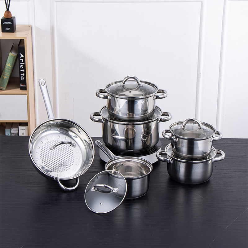 Factory Direct Sales 12 Pcs Cookware Set Luxury Household Tableware Hotpot 201 Stainless Steel Kitchen Houseware