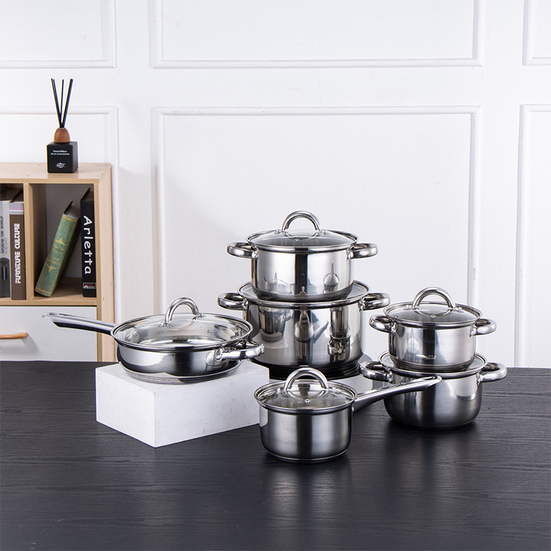 Factory Direct Sales 12 Pcs Cookware Set Luxury Household Tableware Hotpot 201 Stainless Steel Kitchen Houseware