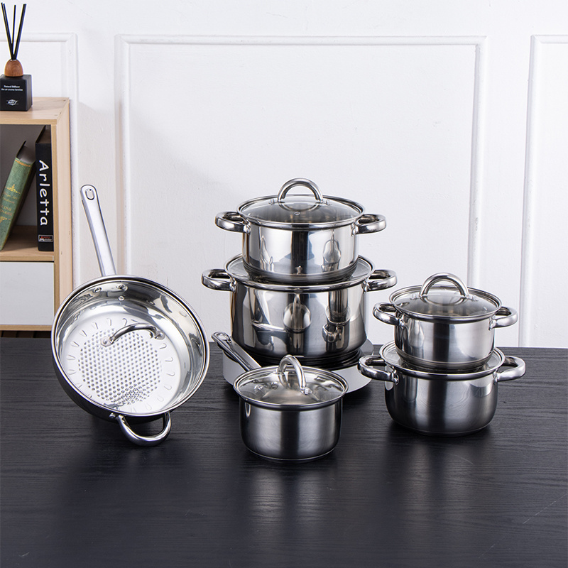 Factory Direct Sales 12 Pcs Cookware Set Luxury Household Tableware Hotpot 201 Stainless Steel Kitchen Houseware