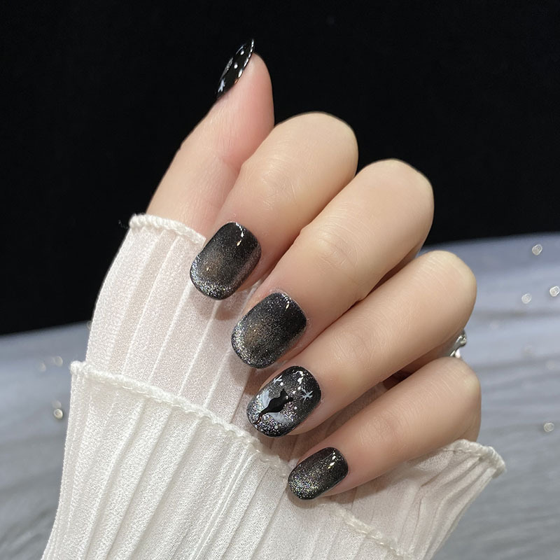 [ Handmade Nails ] Black Cat Eye Hand-painted Cat Star Burst Flash Short Radius Fake Nails