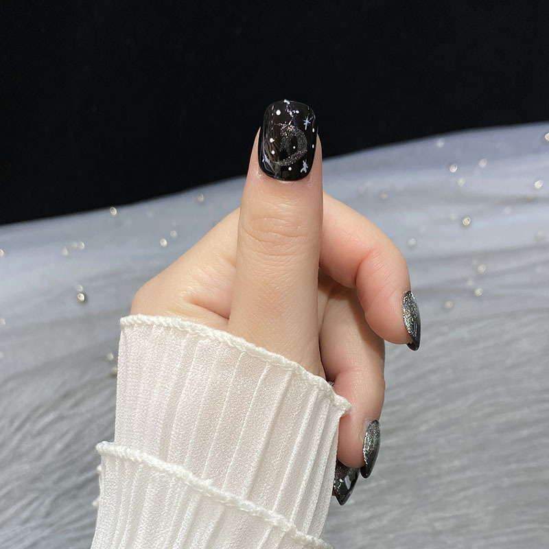 [ Handmade Nails ] Black Cat Eye Hand-painted Cat Star Burst Flash Short Radius Fake Nails