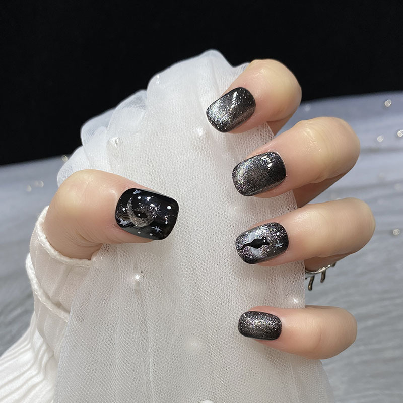 [ Handmade Nails ] Black Cat Eye Hand-painted Cat Star Burst Flash Short Radius Fake Nails