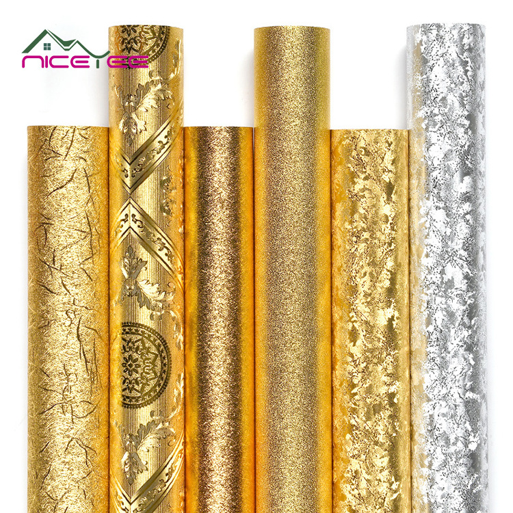 Wholesale  Gold Foil  Wall Paper Contact Paper Waterproof Golden Wallpaper Vinyl Wall Paper Rolls Home Decoration