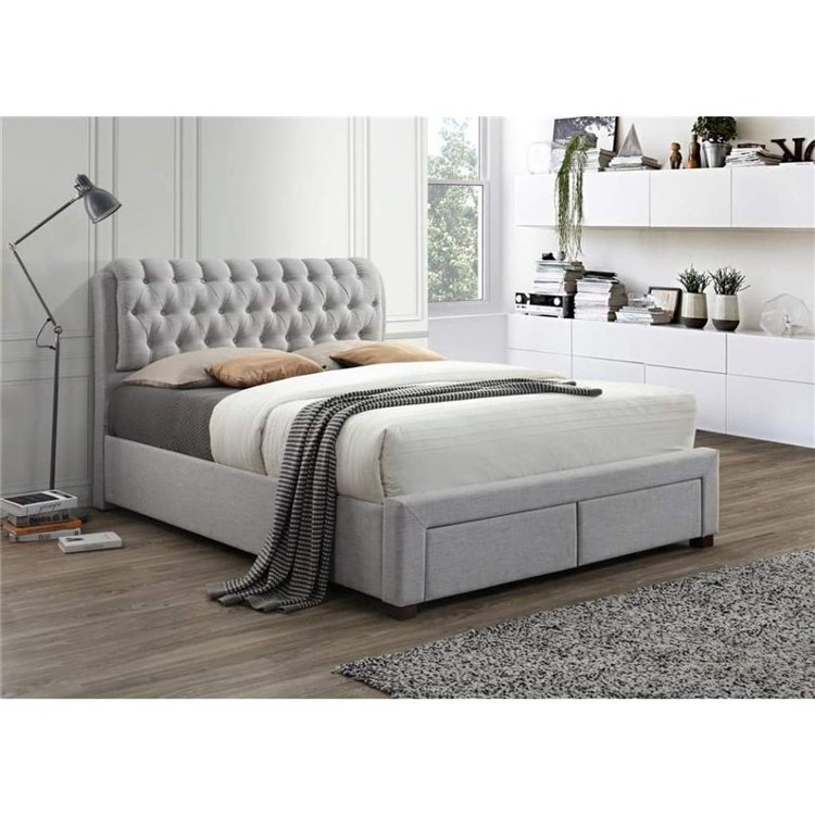 Grey All In One Bed Frames With Storage Buttons Fabric Bed