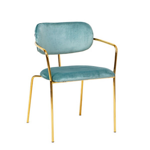 Sky Blue Velvet Cushion Gold Legs Armrest Chair Low Back Classic Design Dining Chair