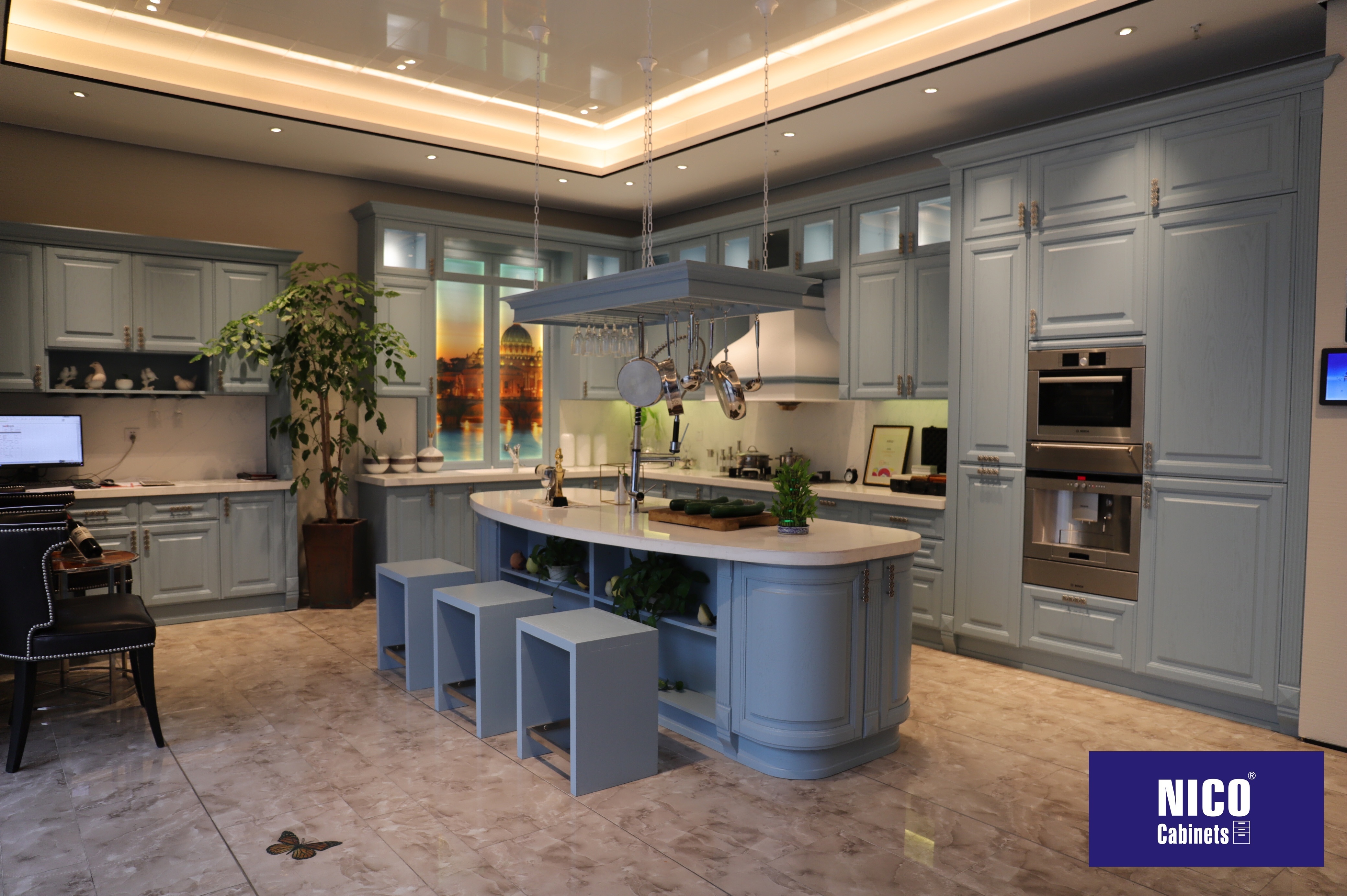 NICOCABINET Farmhouse High Quality Luxury Modular Design Custom Blue Kitchen Cabinets with Island