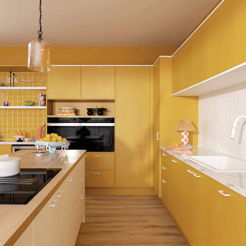 Nicocabinet Luxury Customized Brilliant Designs Solid Wood Melamine Yellow Elevating Modern Elegance Pantry Kichen Cabinets