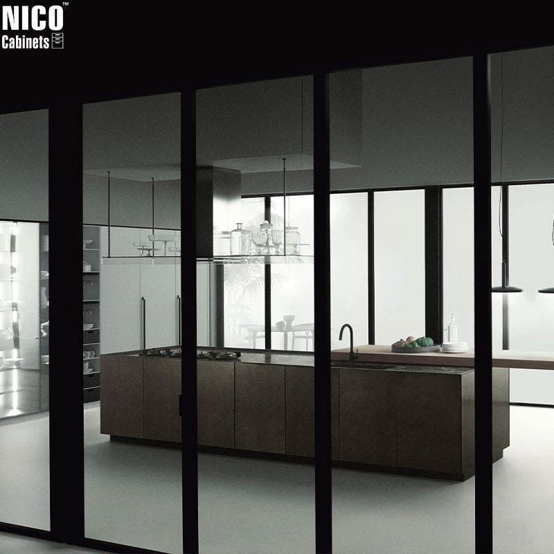 NICOCABINET Custom Modern Aluminum Profile Glass Built Wooden Hardwares Black Kitchen Cabinets