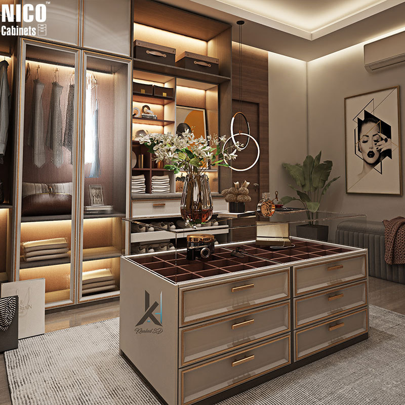 NICOCABINET Luxury Customized Dark Elegance Modern Walk-In Wardrobe with Glass Door