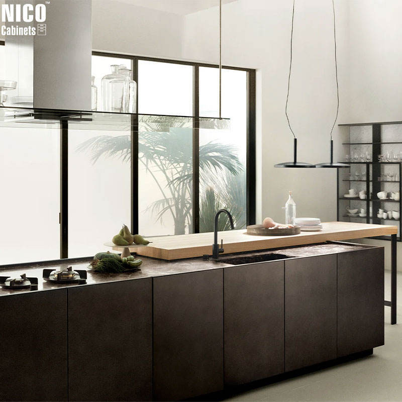 NICOCABINET Custom Modern Aluminum Profile Glass Built Wooden Hardwares Black Kitchen Cabinets