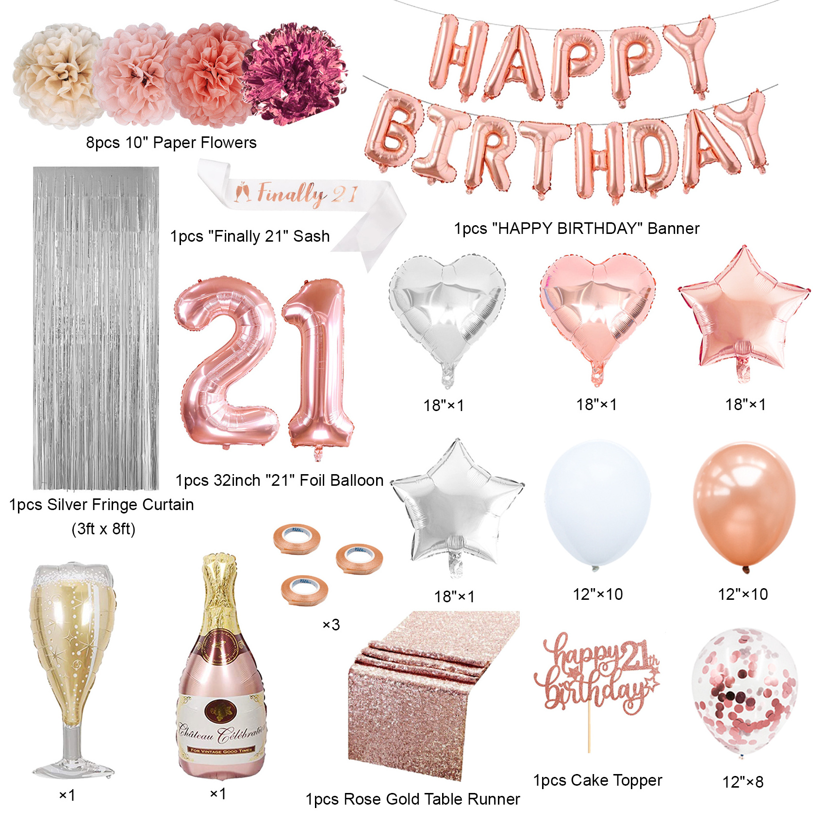 Nicro Wholesale 21th Happy Birthday Rose Gold Foil Balloon Girl Birthday Confetti Balloon Event Party Supplies Decorations  Set