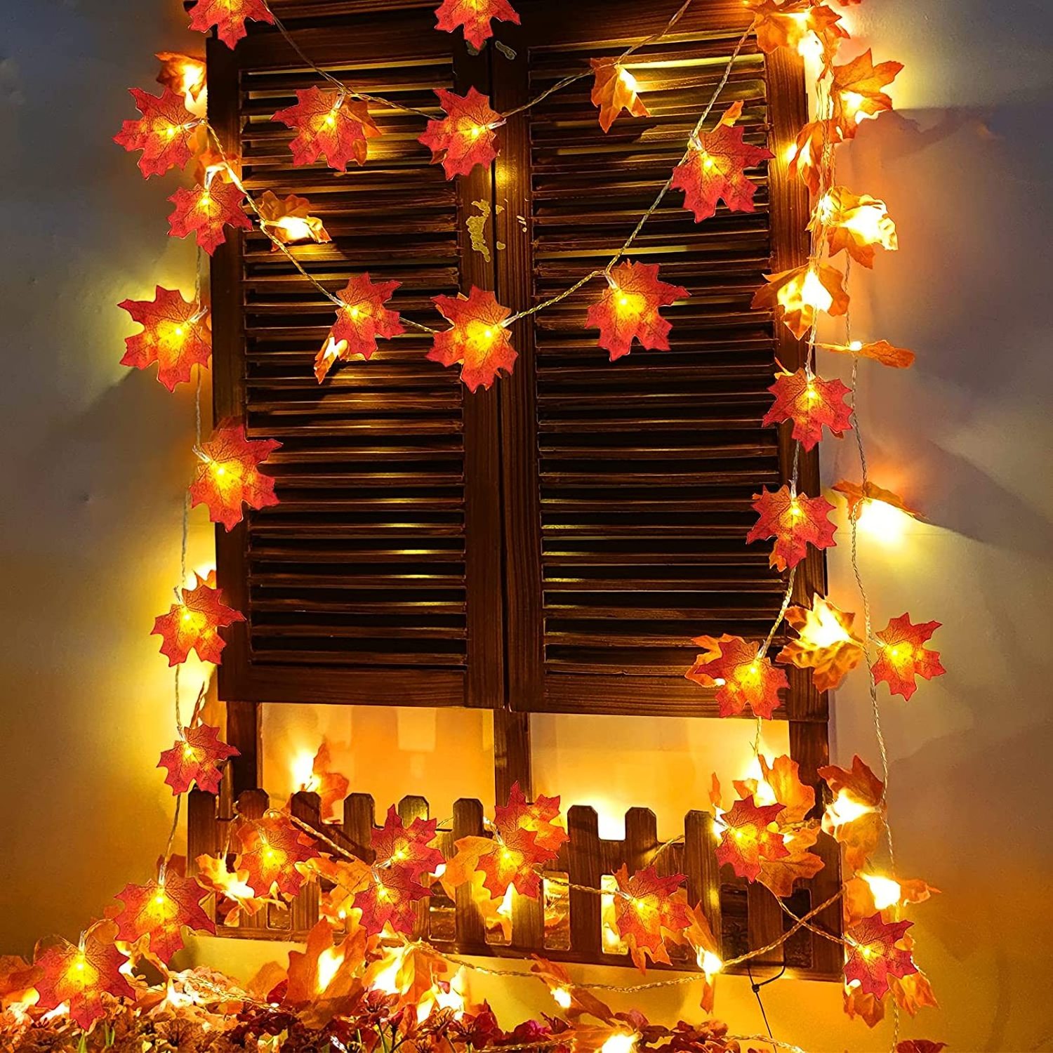 Nicro Fall Maple Leaves Decorations Leaf Garland String Light Thanksgiving LED Leaves Battery Fireplace Harvest Decorations