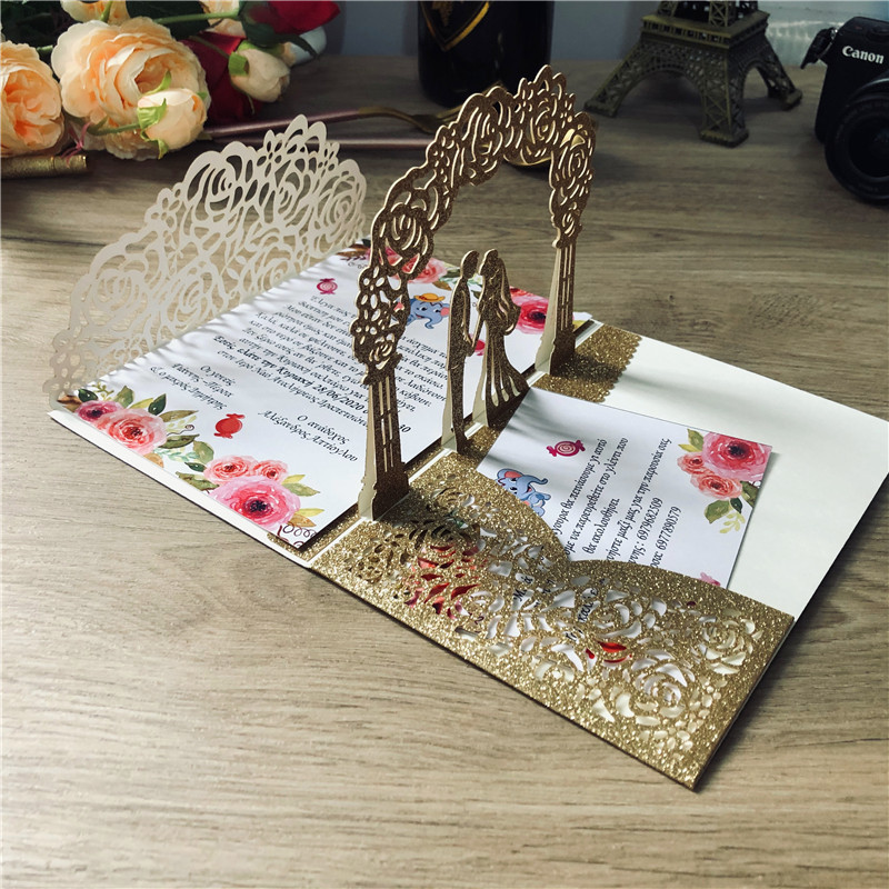 Nicro 3D Custom Laser Cut Glitter Wedding Invitations with Ribbon and Envelopes Anniversary Luxurious Wedding Invitation Card