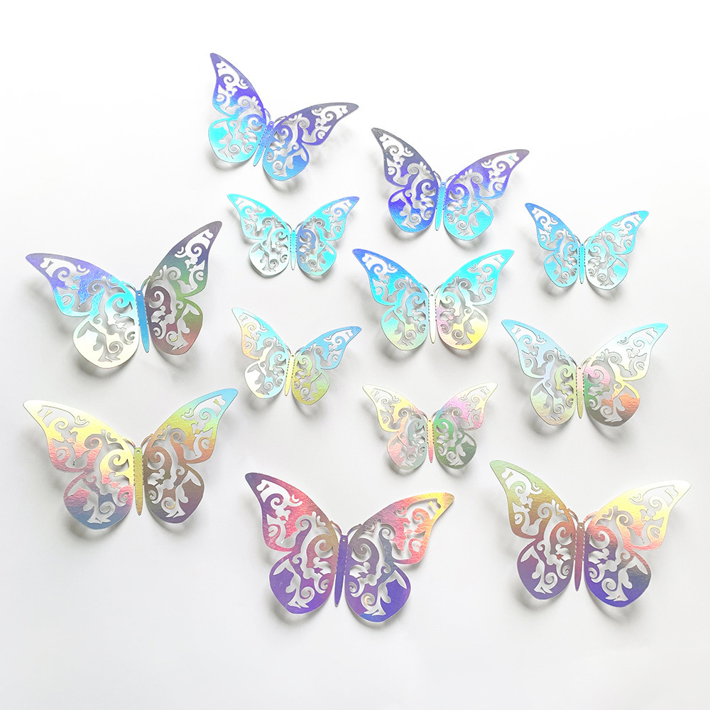 Nicro Wholesale 3d Laser Dazzling Butterfly Decorative Hollow Wallpaper Celebration Party Decorative Wall Stickers Self Adhesive