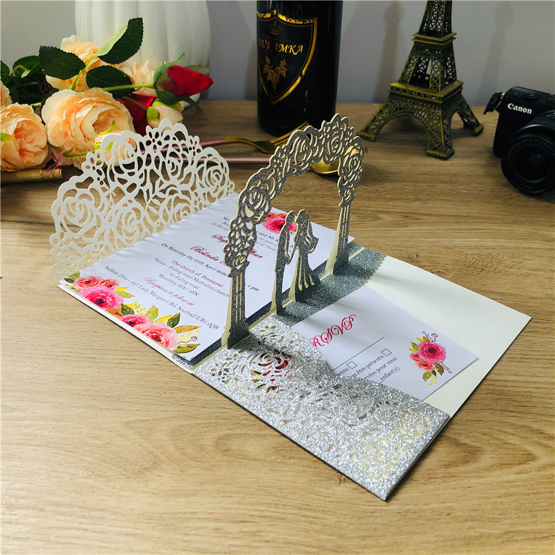 Nicro 3D Custom Laser Cut Glitter Wedding Invitations with Ribbon and Envelopes Anniversary Luxurious Wedding Invitation Card