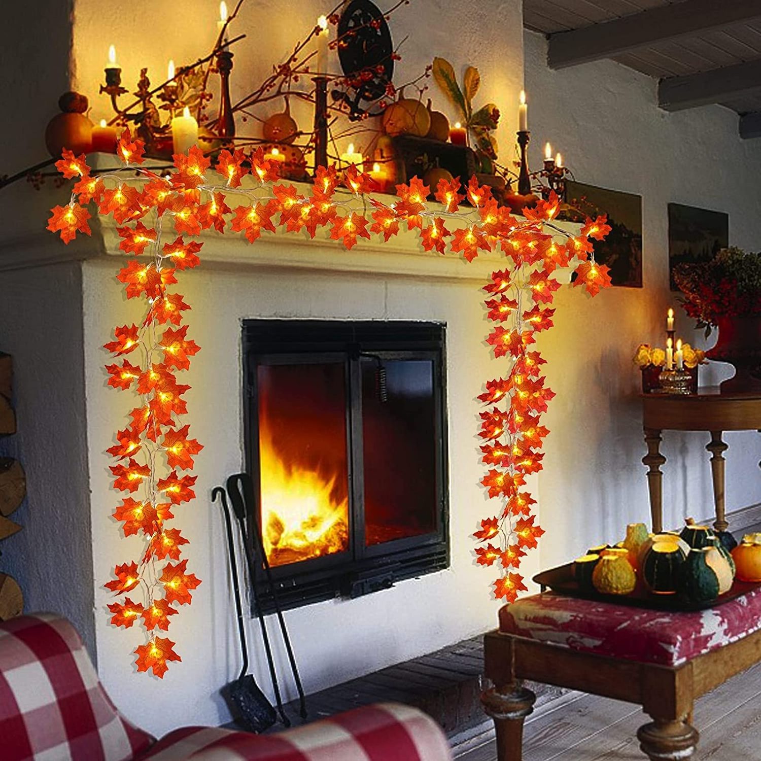 Nicro Fall Maple Leaves Decorations Leaf Garland String Light Thanksgiving LED Leaves Battery Fireplace Harvest Decorations