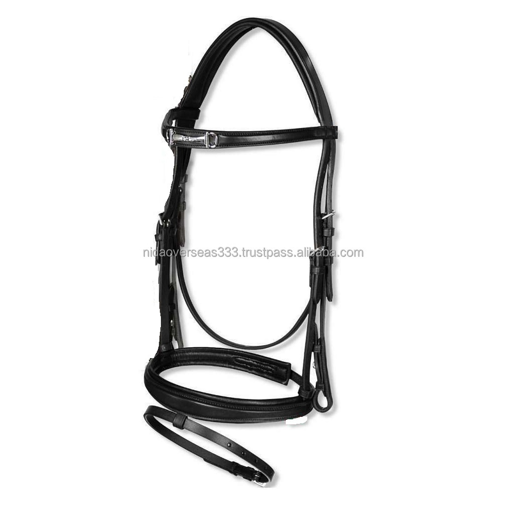 EQUINE HIGH QUALITY BLACK LEATHER HORSE SNAFFLE BRIDLE WITH RAISED NOSEBAND AND BROW BAND WITH SANFFLE BIT