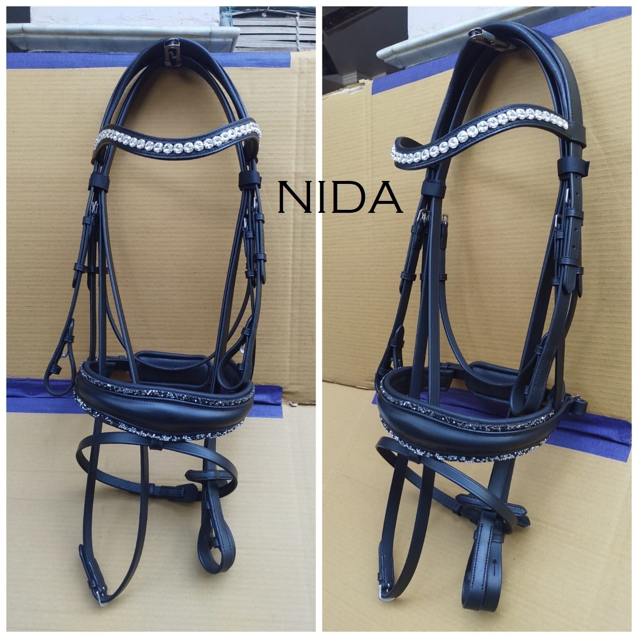 EQUINE HIGH QUALITY BLACK LEATHER HORSE SNAFFLE BRIDLE WITH RAISED NOSEBAND AND BROW BAND WITH SANFFLE BIT