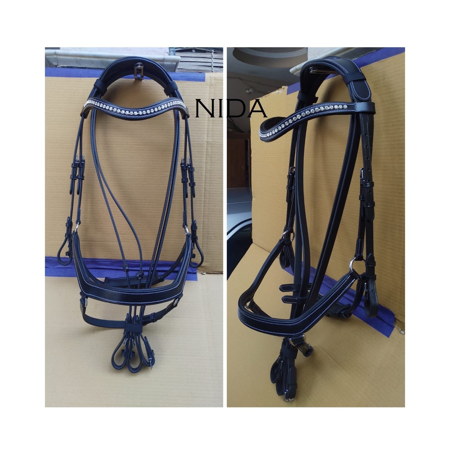 EQUINE HIGH QUALITY BLACK LEATHER HORSE SNAFFLE BRIDLE WITH RAISED NOSEBAND AND BROW BAND WITH SANFFLE BIT