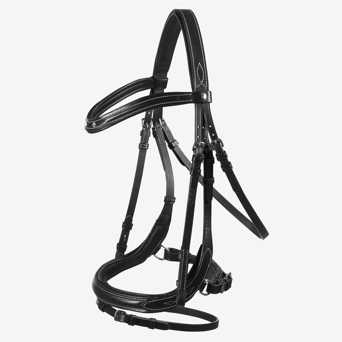 EQUINE HIGH QUALITY BLACK LEATHER HORSE SNAFFLE BRIDLE WITH RAISED NOSEBAND AND BROW BAND WITH SANFFLE BIT