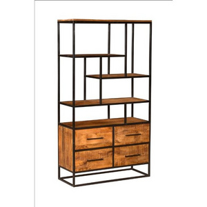 INDUSTRIAL & VINTAGE IRON METAL & MANGO WOOD ANTIQUE DESIGN BOOK SHELF WITH 4 DRAWERS FOR STORAGE