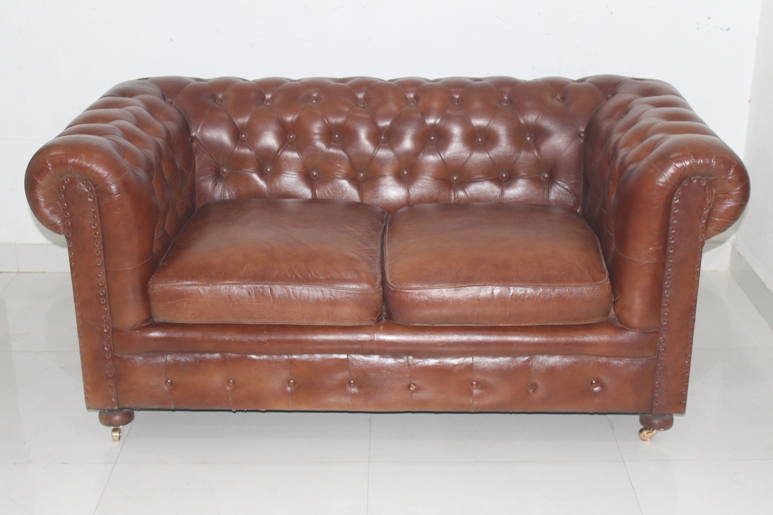 Industrial & vintage Solid wood & genuine leather Two seater Living room sofa