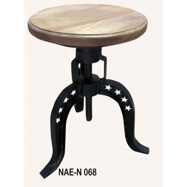 Industrial & Vintage Design Height Adjustable Cast Iron Metal Stool with Wooden Seat for Living Room Ottoman