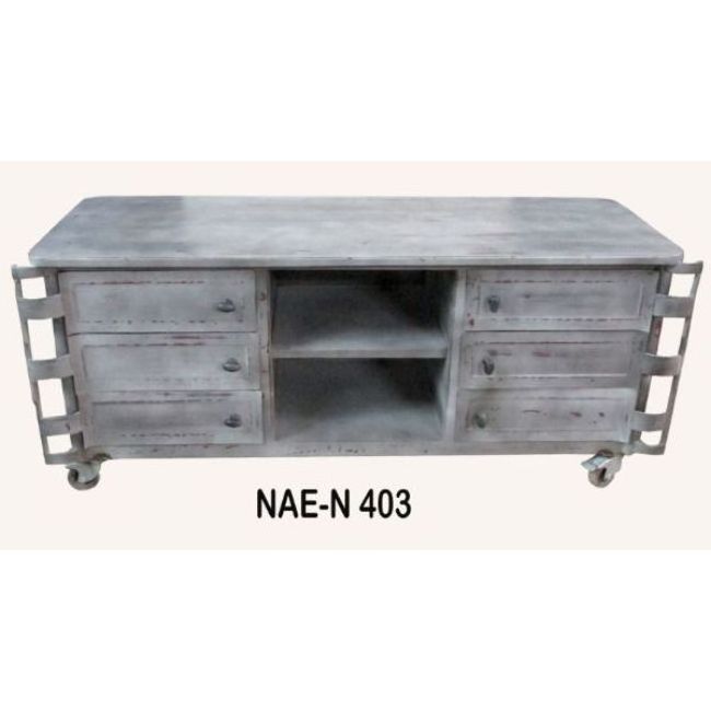 INDUSTRIAL & VINTAGE METAL LIVING ROOM FURNITURE T.V. ENTERTAINMENT UNIT WITH DRAWERS & WHEELS