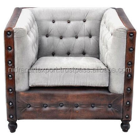 vintage & industrial solid wood & canvas Indian design fabric living room sofa